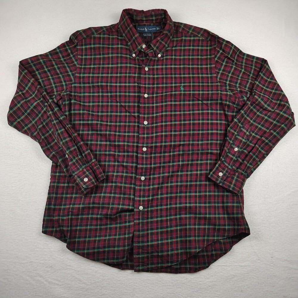 Ralph Lauren Cotton Custom Fit Shirt Mens sz Large Red Green Plaid Button Down